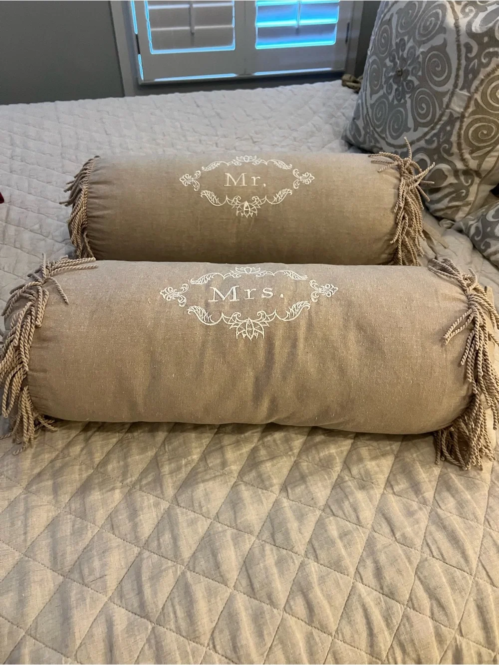 Mr. & Mrs. Embroidered Decorative Bolster Pillows - Taupe